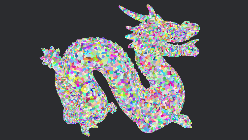 The Stanford dragon mesh rendered as meshlet clusters
